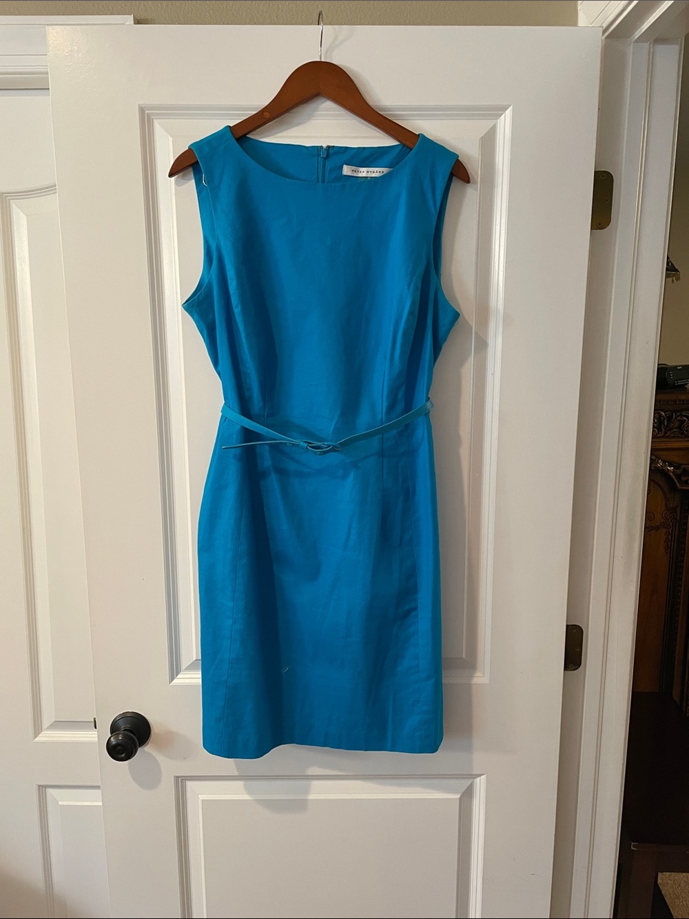 Peter Nygard Sleeveless Teal Midi Sheath Dress with Waist Tie